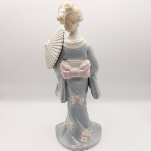 Vintage Porcelain Geisha Figurine w/ Parasol – Blue Kimono, Roses - Picture 4 of 8
